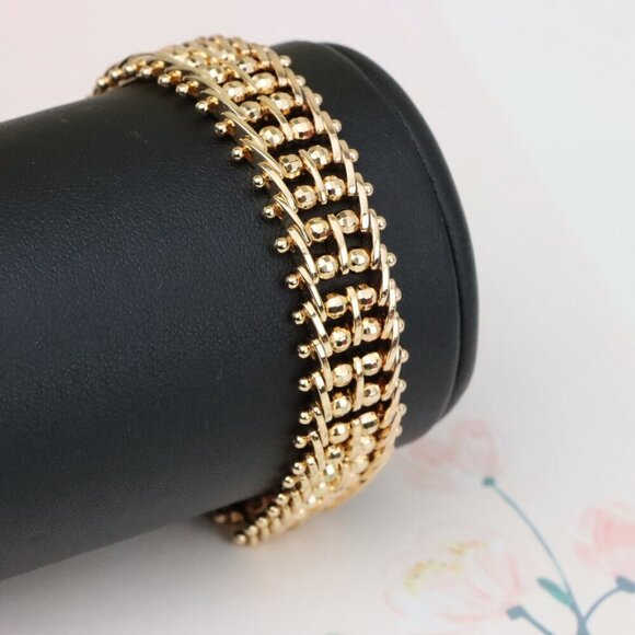 "Wide Rose Gold Plated Textured Bracelet with Elegant Bead Design, XPBL0891 - Picture 8 of 12